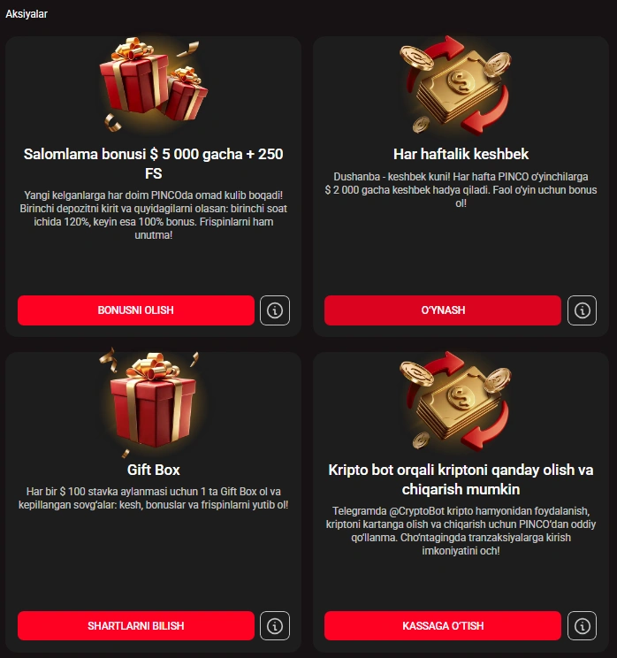 Pinco aksiyalar — cashback, Gift Box va VIP klub takliflari