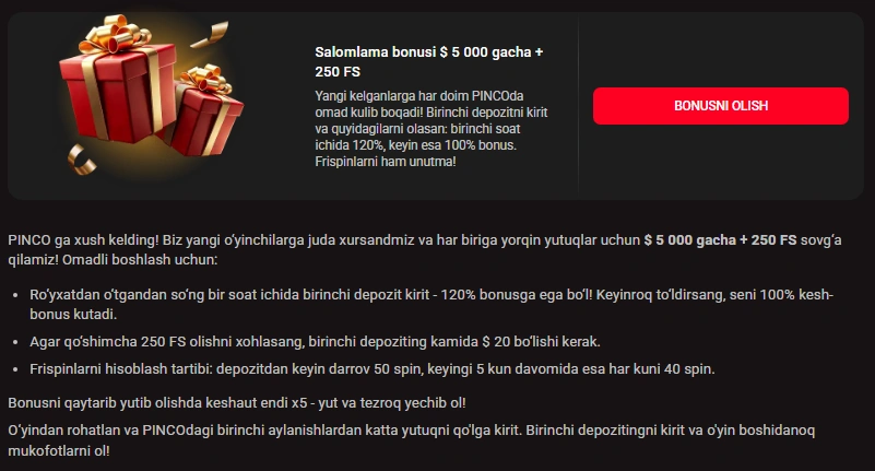 Pinco bet bonus — 250 free spins va salomlashuv bonusi