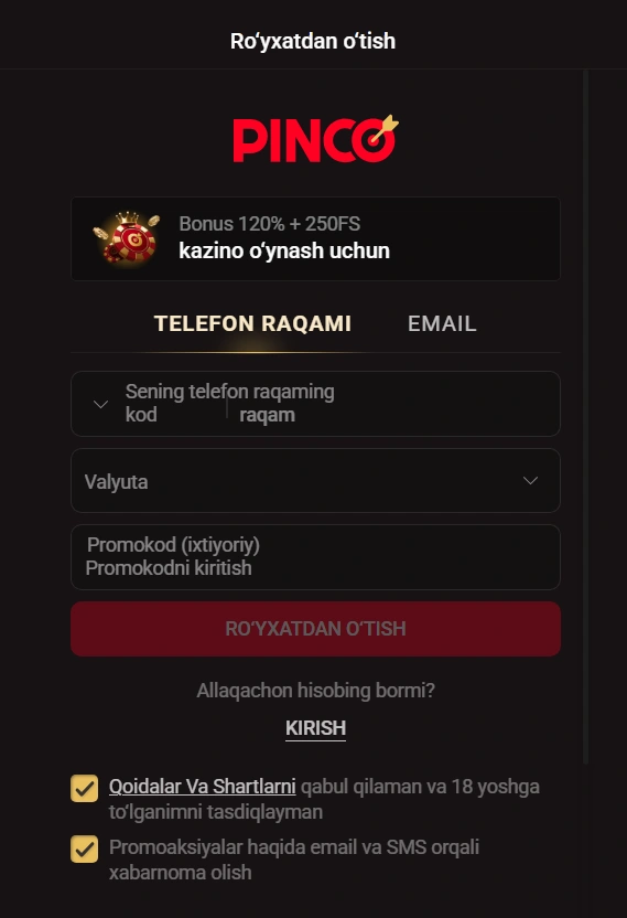 Pinco uz — telefon orqali ro‘yxatdan o‘tish va SMS tasdiqlash